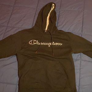 Mens champion used black hoodie with logo. Barely any wear soft inside.